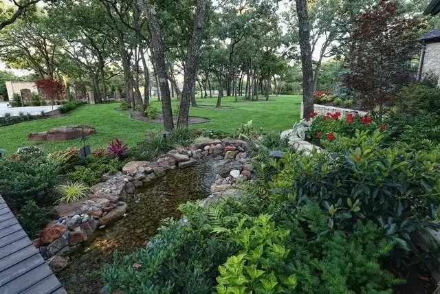 Layered shade planting beside a stone-lined creek under mature oaks