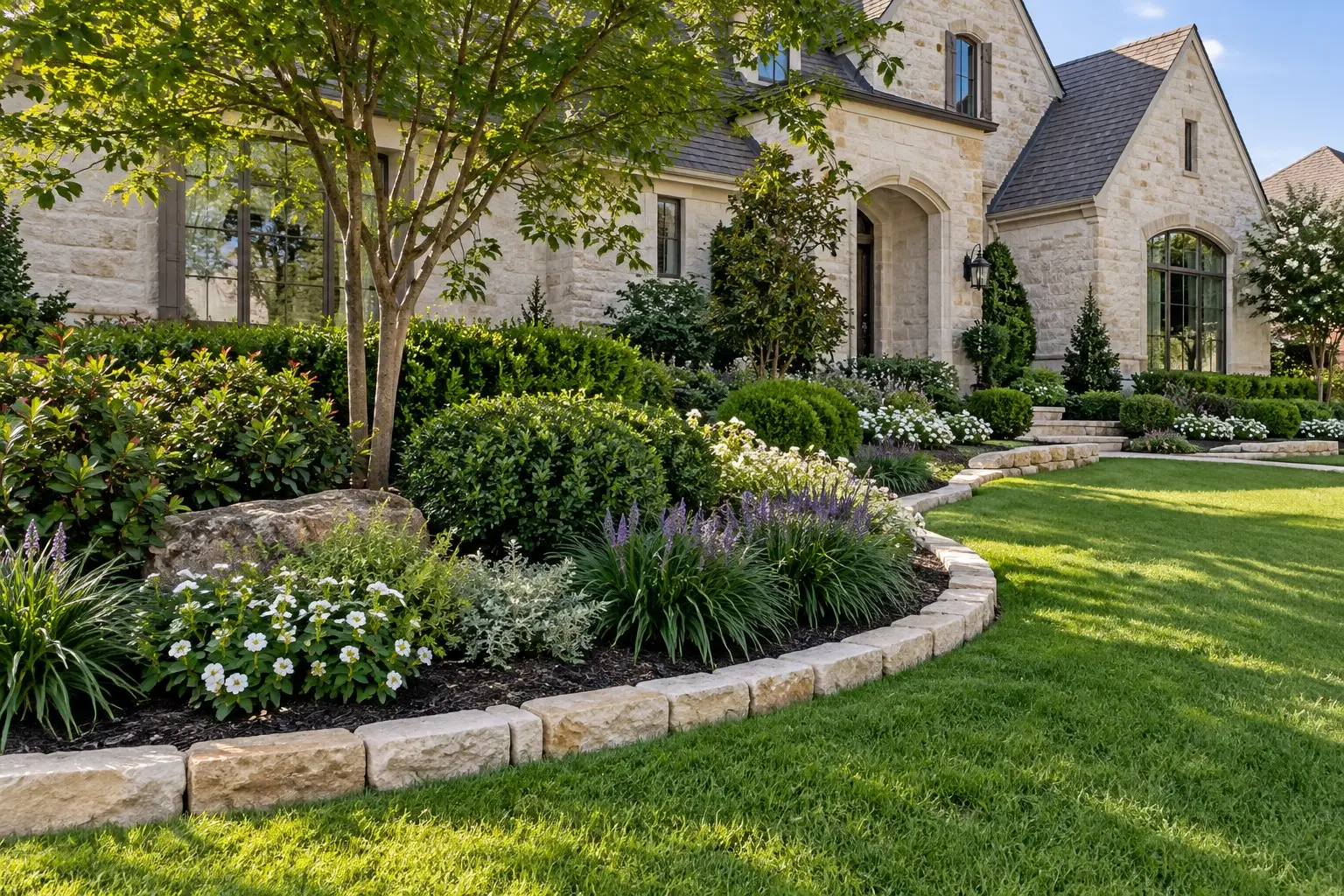 Daytime landscape design concept with layered planting beds beside a stone home